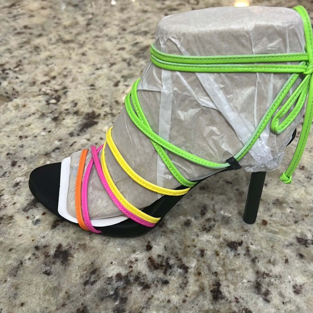 Gianni Bini Multicolor Black Heels with Neon Wrap & Tie